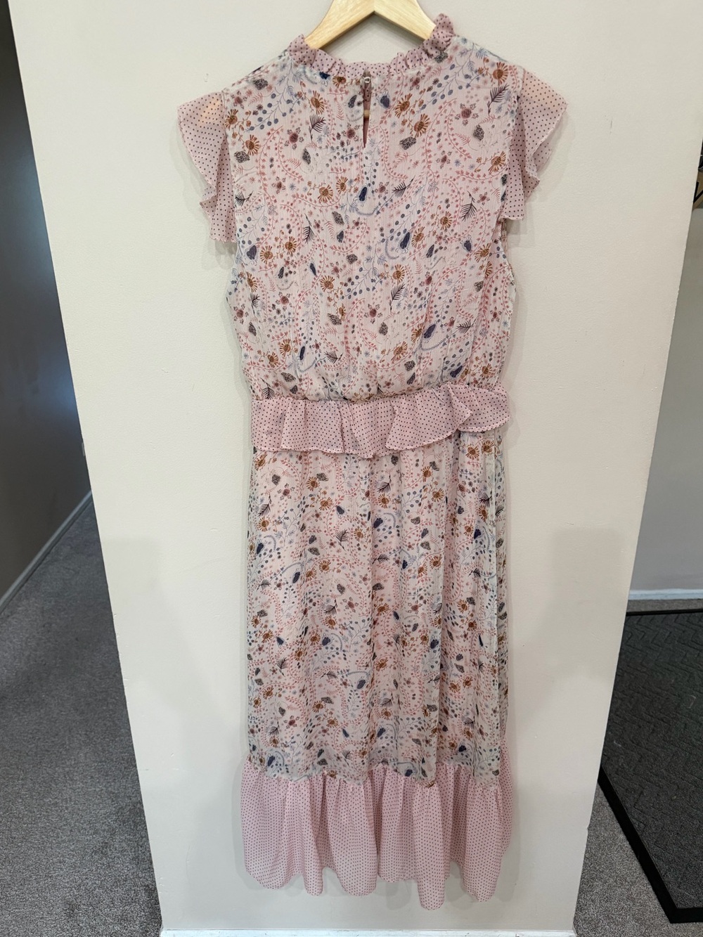 Ellison Pink Floral Polka Dot Mixed Print Ruffle Tiered Midi Dress Size M Flowy - Picture 2 of 8